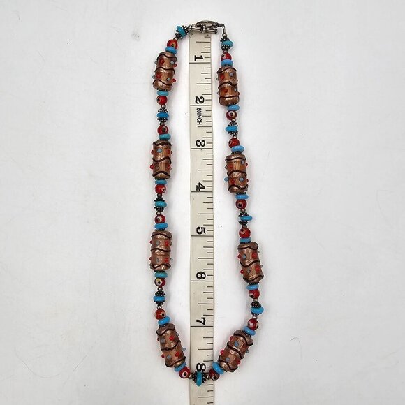 Vintage Handmade Boho Foil Glass Beaded 16" Necklace With Blue & Red Accents - Picture 9 of 9